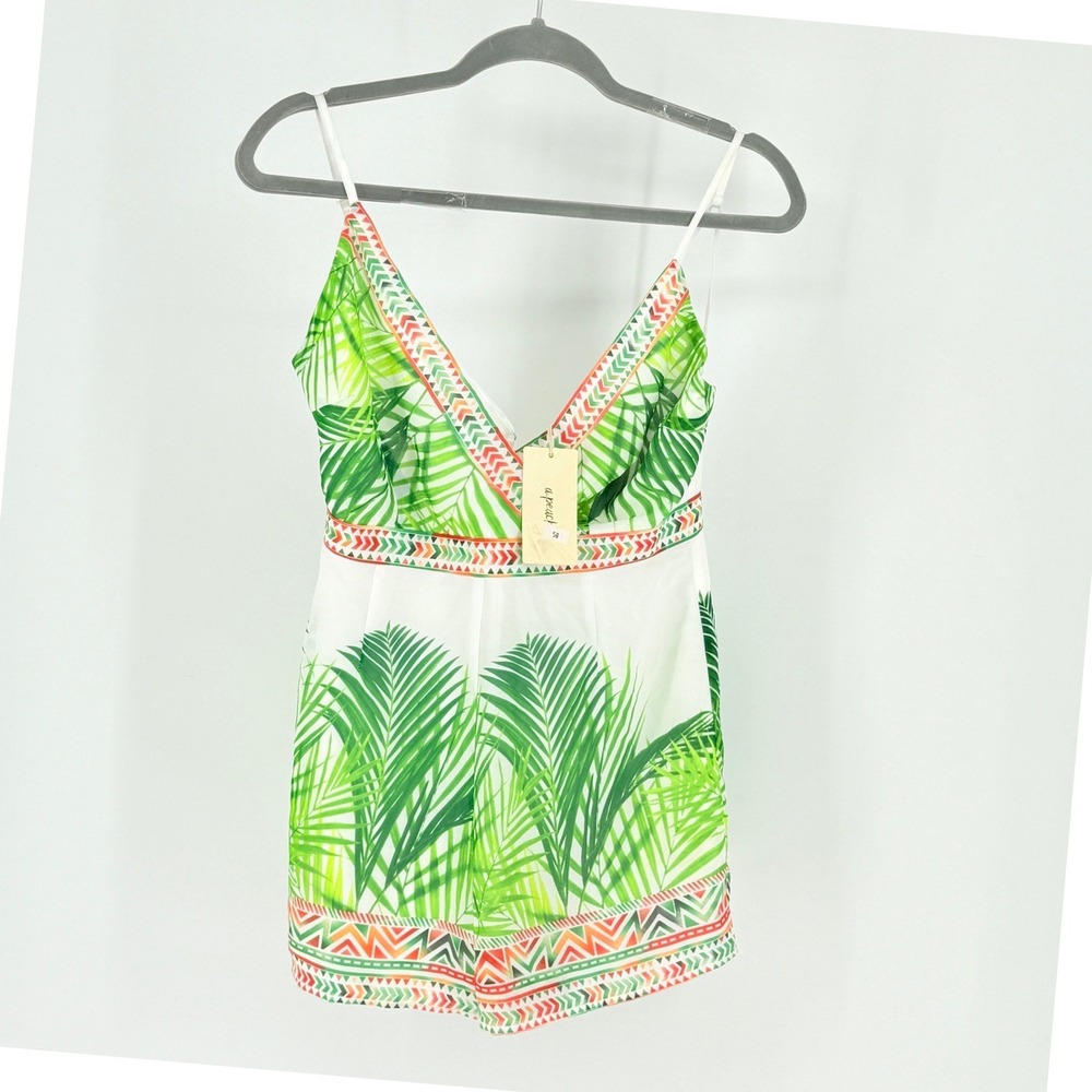 A. Peach New Womens Tropical Palm Print Romper White Green S Fairy Resortwear Va